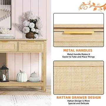 LAZZO 51" Console Table, Oak Grain Sofa Table with Wood Frame, Rustic Hallway Table with 3 Bamboo Weaving Storage Drawers and Shelf for Foyer Living Room Entryway