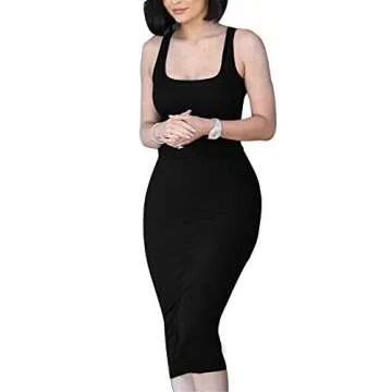 GOBLES Women's Casual Bodycon Clubwear Low Cut Elegant Pencil Tank Midi Dress Black