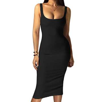 GOBLES Women's Casual Bodycon Clubwear Low Cut Elegant Pencil Tank Midi Dress Black