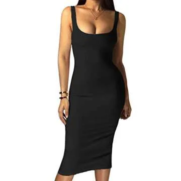 GOBLES Women's Casual Bodycon Clubwear Low Cut Elegant Pencil Tank Midi Dress Black