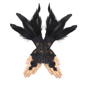 FLORVIV Black Lace Feather Gloves for Women, Long Gothic Halloween Costume Cosplay Witch Party