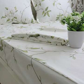 FADFAY Shabby White Floral Bed Sheet Set 100% Cotton Sheets Green Leaves 4Piece - Twin XL Size