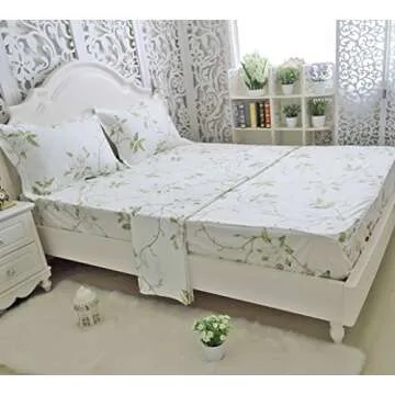FADFAY Shabby White Floral Bed Sheet Set 100% Cotton Sheets Green Leaves 4Piece - Twin XL Size