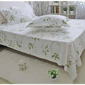 FADFAY Shabby White Floral Bed Sheet Set 100% Cotton Sheets Green Leaves 4Piece - Twin XL Size