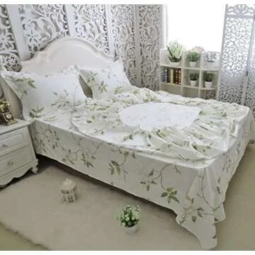 FADFAY Shabby White Floral Bed Sheet Set 100% Cotton Sheets Green Leaves 4Piece - Twin XL Size
