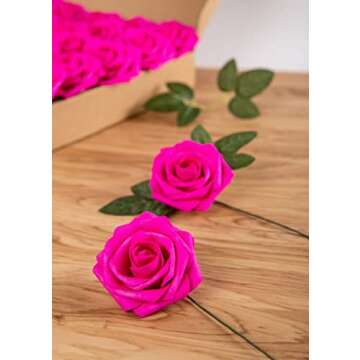 Lansdowns Artificial Flower Foam Rose 25pcs Real Looking Fake Rose with Stems Leaves for Home Decoration Party Garden Centerpieces DIY Wedding Bouquets（Hot Pink）