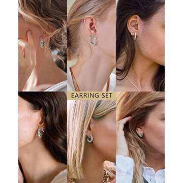 Adoyi Silver Hoop Earrings, Small Silver Hoops Earrings Chunky Huggie Hoop Earrings Set for Women 14K White Gold Plated Lightweight Jewelry Birthday Christmas Gifts for Her 3/6/9 pairs