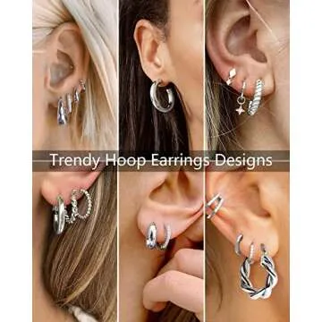 Adoyi Silver Hoop Earrings, Small Silver Hoops Earrings Chunky Huggie Hoop Earrings Set for Women 14K White Gold Plated Lightweight Jewelry Birthday Christmas Gifts for Her 3/6/9 pairs