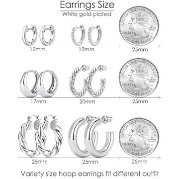 Adoyi Silver Hoop Earrings, Small Silver Hoops Earrings Chunky Huggie Hoop Earrings Set for Women 14K White Gold Plated Lightweight Jewelry Birthday Christmas Gifts for Her 3/6/9 pairs