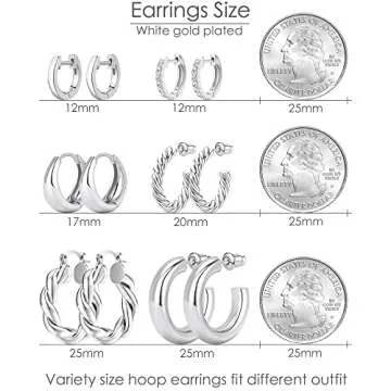 Adoyi Silver Hoop Earrings, Small Silver Hoops Earrings Chunky Huggie Hoop Earrings Set for Women 14K White Gold Plated Lightweight Jewelry Birthday Christmas Gifts for Her 3/6/9 pairs