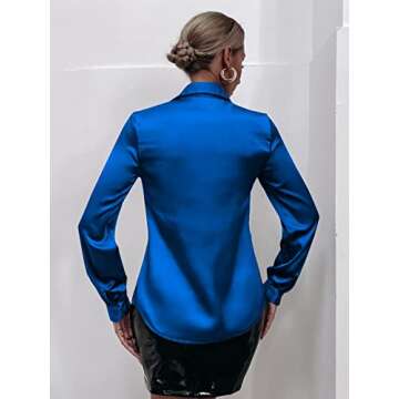 Floerns Women's Satin Silky Solid Office Blouse Top Long Sleeve Button Down Shirt Royal Blue S