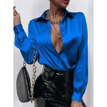 Floerns Women's Satin Silky Solid Office Blouse Top Long Sleeve Button Down Shirt Royal Blue S