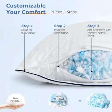 Slybear Cooling Bed Pillows Queen Size Set of 2 for Sleeping, Adjustable Shredded Memory Foam Pillows for Side Back Stomach Sleepers - Luxury Gel Pillows Hotel Pillows with Washable Removable Cover