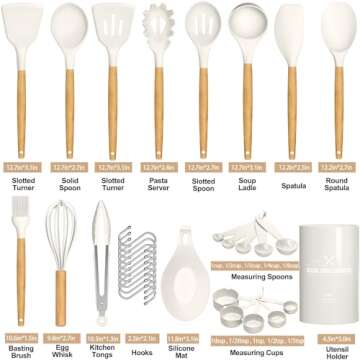 Umite Chef Kitchen Cooking Utensils Set, 33 pcs Non-stick Silicone Cooking Kitchen Utensils Spatula Set with Holder, Wooden Handle Silicone Kitchen Gadgets Utensil Set (Cream White)