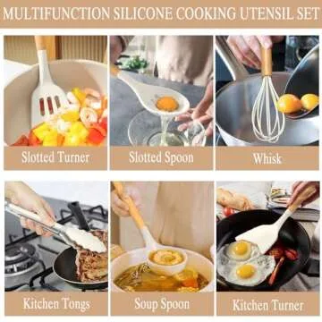Umite Chef Kitchen Cooking Utensils Set, 33 pcs Non-stick Silicone Cooking Kitchen Utensils Spatula Set with Holder, Wooden Handle Silicone Kitchen Gadgets Utensil Set (Cream White)
