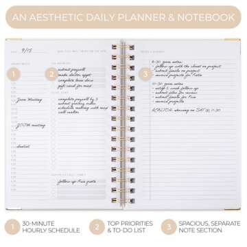 Aesthetic Daily Planner And Notebook With Hourly Schedule - Beautiful Spiral To do List Notepad For ...