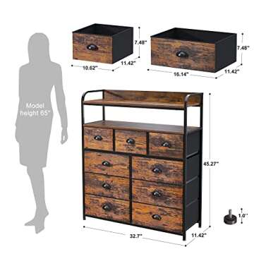 EnHomee Dresser with 9 Drawer, TV Stand Dresser for Bedroom with 2 Shelves, Fabric Dressers & Chest of Drawers with Wood Top, for Bedroom, Closet, Living Room,Entryway,Metal Frame,Rustic Brown