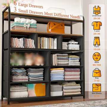 EnHomee Dresser with 9 Drawer, TV Stand Dresser for Bedroom with 2 Shelves, Fabric Dressers & Chest of Drawers with Wood Top, for Bedroom, Closet, Living Room,Entryway,Metal Frame,Rustic Brown