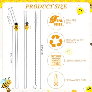 6 Cute Bee Design Glass Straws - Eco-Friendly & Stylish