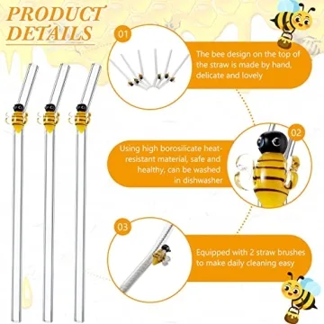6 Cute Bee Design Glass Straws - Eco-Friendly & Stylish