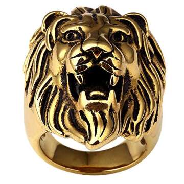 JAJAFOOK Men's Stainless Steel 18K Gold Plated Hip Hop Ring 3D Lion King Head Rings