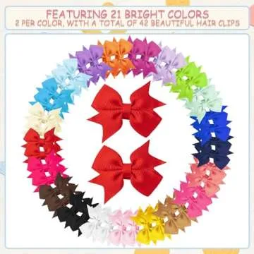 Hair Clips for Girls - 42PCS Fully Lined Hair Bows, Alligator Clips in 21 Color Pairs for Toddlers, Kids, and Teens