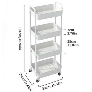 Sywhitta 4-Tier Plastic Rolling Utility Cart with Handle, Multi-Functional Storage Trolley for Offic...