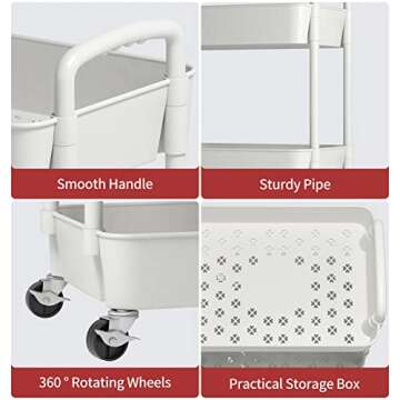 Sywhitta 4-Tier Plastic Rolling Utility Cart with Handle, Multi-Functional Storage Trolley for Office, Living Room, Kitchen, Movable Storage Organizer with Wheels, White