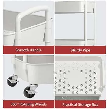 Sywhitta 4-Tier Plastic Rolling Utility Cart with Handle, Multi-Functional Storage Trolley for Office, Living Room, Kitchen, Movable Storage Organizer with Wheels, White