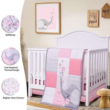 Cloele Elephant Crib Bedding Set for Girls - 3 Piece Standard Size Baby Bedding Set Includes Crib Co...