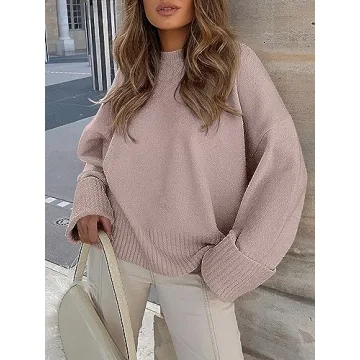 LOGENE Women's Oversized Sweater Crewneck Long Sleeve Soft Fuzzy Knit Pullover Sweaters 2024 Winter Fashion Warm Tops Clothes Grey Purple Large