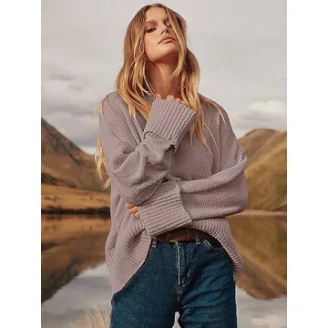 LOGENE Women's Oversized Sweater Crewneck Long Sleeve Soft Fuzzy Knit Pullover Sweaters 2024 Winter Fashion Warm Tops Clothes Grey Purple Large