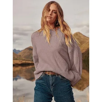LOGENE Women's Oversized Sweater Crewneck Long Sleeve Soft Fuzzy Knit Pullover Sweaters 2024 Winter Fashion Warm Tops Clothes Grey Purple Large