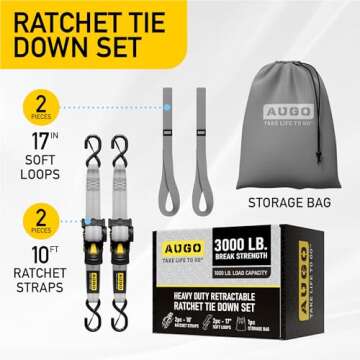 AUGO Retractable Ratchet Straps | 2 Heavy Duty Ratchet Straps Self Retractable Tie Down Straps with Soft Loops & Storage Bag for Motorcycle, Truck, Trailer, Cargo Van | 3000 Lb Break Strength 2” x 10’