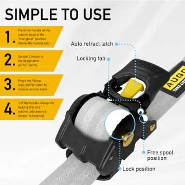 AUGO Retractable Ratchet Straps | 2 Heavy Duty Ratchet Straps Self Retractable Tie Down Straps with Soft Loops & Storage Bag for Motorcycle, Truck, Trailer, Cargo Van | 3000 Lb Break Strength 2” x 10’