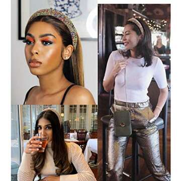 CEALXHENY Rhinestone Padded Headbands Rainbow Crystal Bejewelled Hairbands for Women Wide Velvet Headbands for Wedding Bridal Parties (B Gold)