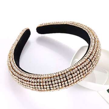CEALXHENY Rhinestone Padded Headbands Rainbow Crystal Bejewelled Hairbands for Women Wide Velvet Headbands for Wedding Bridal Parties (B Gold)