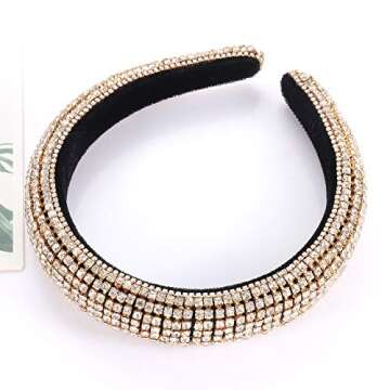 CEALXHENY Rhinestone Padded Headbands Rainbow Crystal Bejewelled Hairbands for Women Wide Velvet Headbands for Wedding Bridal Parties (B Gold)