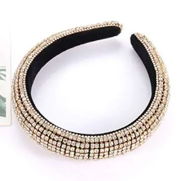 CEALXHENY Rhinestone Padded Headbands Rainbow Crystal Bejewelled Hairbands for Women Wide Velvet Headbands for Wedding Bridal Parties (B Gold)