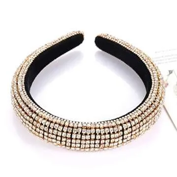 CEALXHENY Rhinestone Padded Headbands Rainbow Crystal Bejewelled Hairbands for Women Wide Velvet Headbands for Wedding Bridal Parties (B Gold)