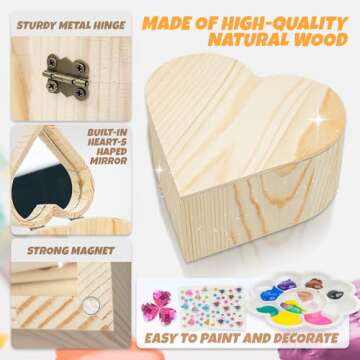 SMILESSKIDDO Paint Your Own Wooden Heart Treasure Box Kit - DIY Wooden Jewelry Box for Kids 4-8, Arts and Crafts for Kids 4-6 - Art&Crafts Kit Gifts for 8-12 Year Old Girls,Crafts for Girls 6-8