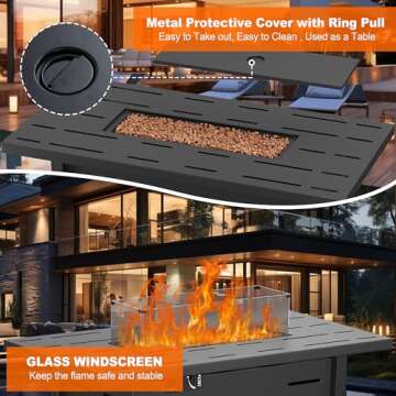 Walsunny 43 inch Outdoor Propane Fire Pit 50,000 BTU Gas Fire Pit Table with Lid, Glass Wind Guard, Waterproof Cover, Rectangle Gas Firepit Table for Garden/Patio, CSA Certification