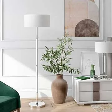 Henn&Hart 2-Light Floor Lamp with Fabric Shade in Matte White/Polished Nickel/White, Floor Lamp for ...