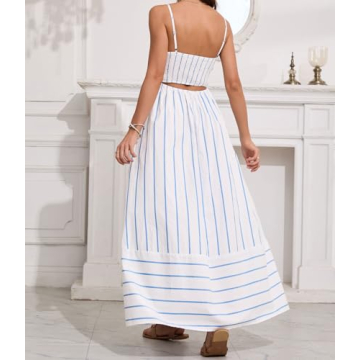 Sexy Striped Maxi Dress with Smocked Back & Pockets