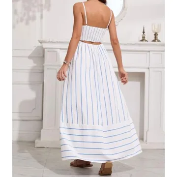 Sexy Striped Maxi Dress with Smocked Back & Pockets
