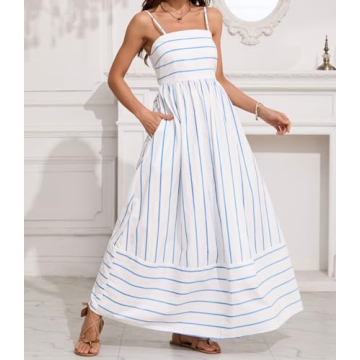 Sexy Striped Maxi Dress with Smocked Back & Pockets