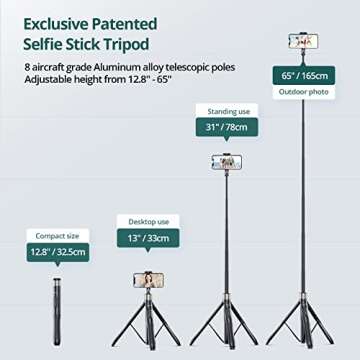 ATUMTEK 65" Selfie Stick Tripod, All in One Extendable Phone Tripod Stand with Bluetooth Remote 360° Rotation for iPhone and Android Phone Selfies, Video Recording, Vlogging, Live Streaming, Black