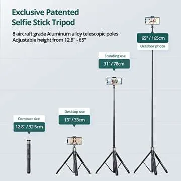 ATUMTEK 65" Selfie Stick Tripod, All in One Extendable Phone Tripod Stand with Bluetooth Remote 360° Rotation for iPhone and Android Phone Selfies, Video Recording, Vlogging, Live Streaming, Black