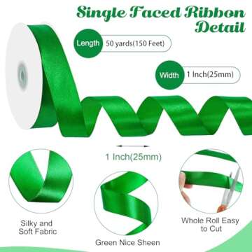 woric Green Ribbon 50 Yards 1 Inch Green Satin Ribbon Valentines Ribbon for Gift Wrapping Flower Bou...