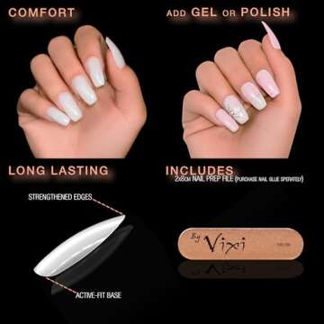 By Vixi 600 MEDIUM COFFIN/BALLERINA NAIL SET with PREP FILE, 12 Sizes - Opaque Express Full Cover False Fingernail Extensions for Salon Professionals & Home Use